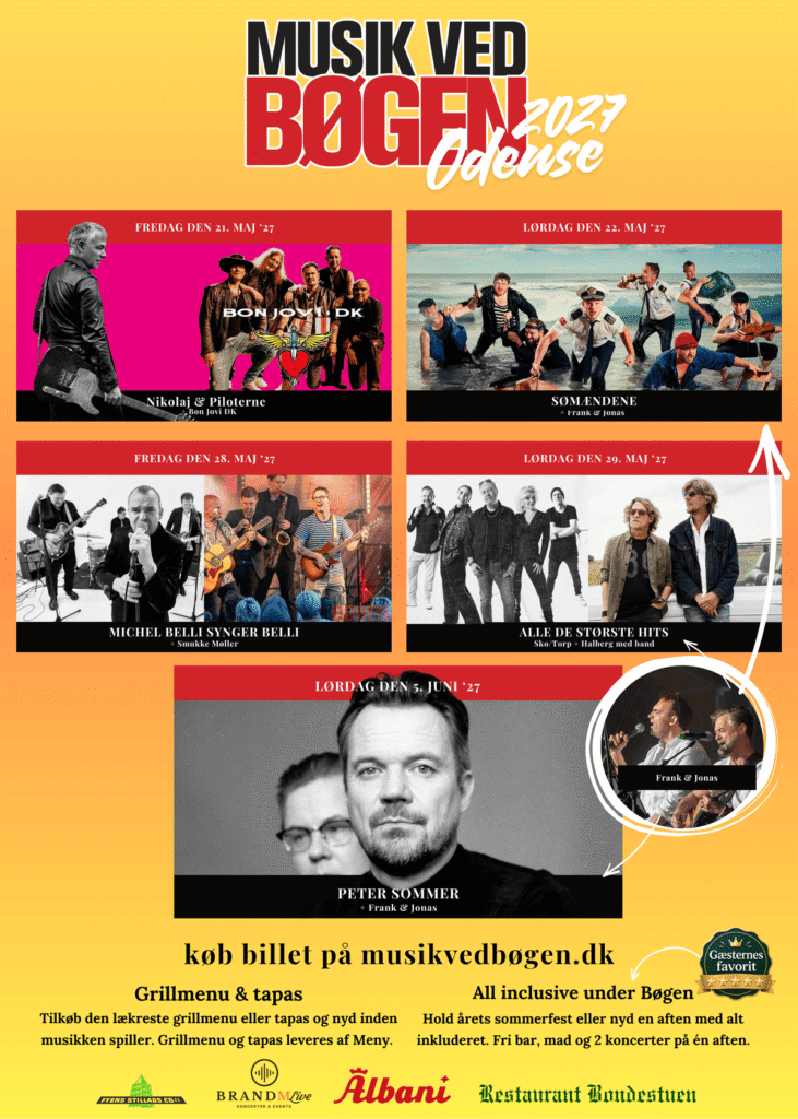 Musik Ved Bøgen i Odense 2027. Nikolaj & Piloterne, Bon Jovi DK, Sømændende, Michel Belli Synger Belli, Smukke møller og meget mere kommer. Klik for at købe din billet.